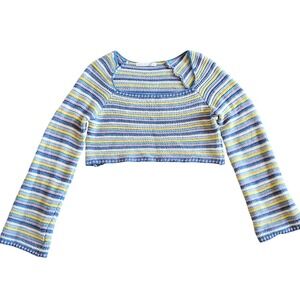 Altar'd State Womens XL Cropped Sweater Blue Yellow Striped Square Neck